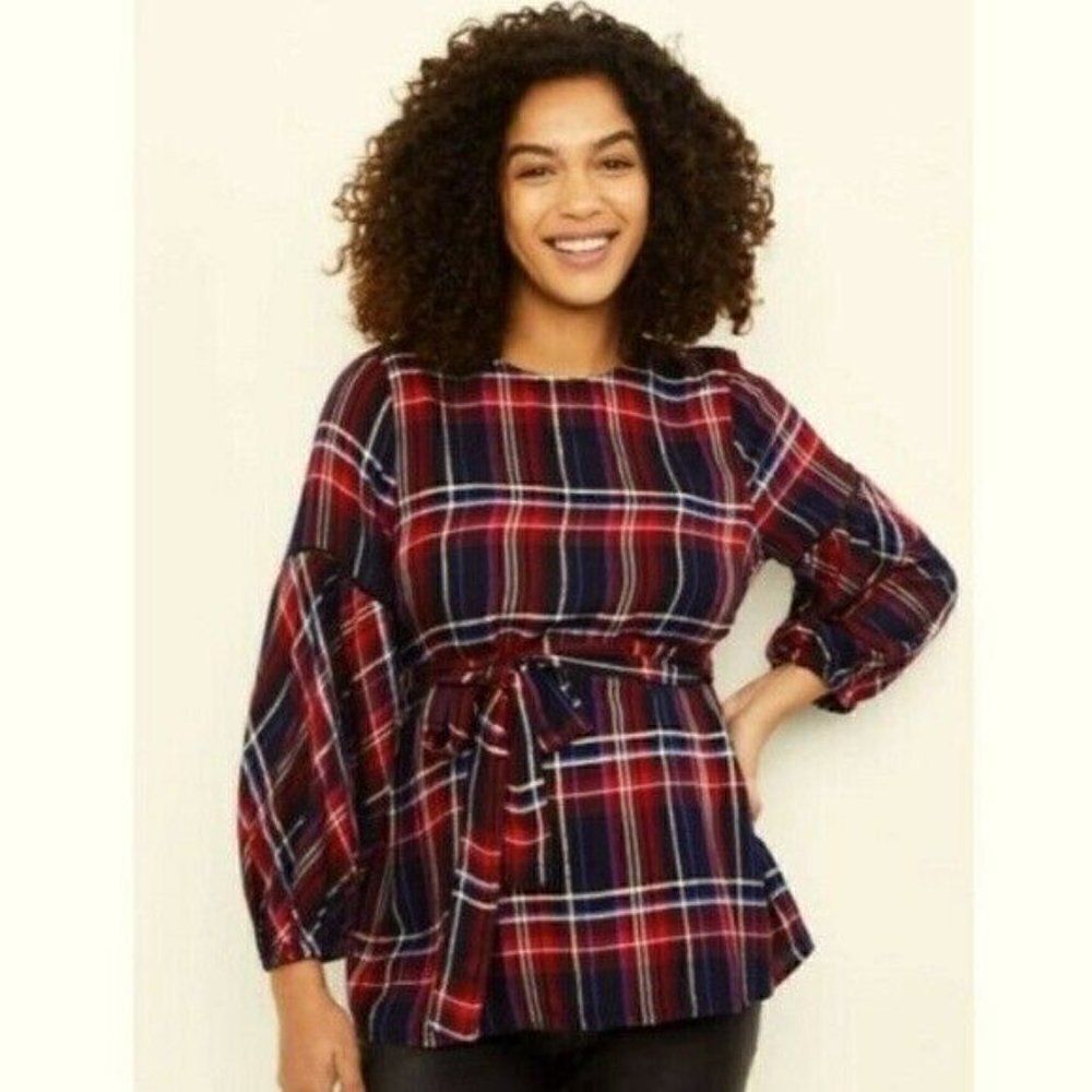 Motherhood Maternity Red Blue Silver Plaid Shirt